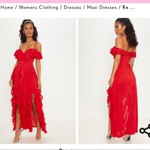 Pretty little thing red cold shoulder ruffle detail maxi dress